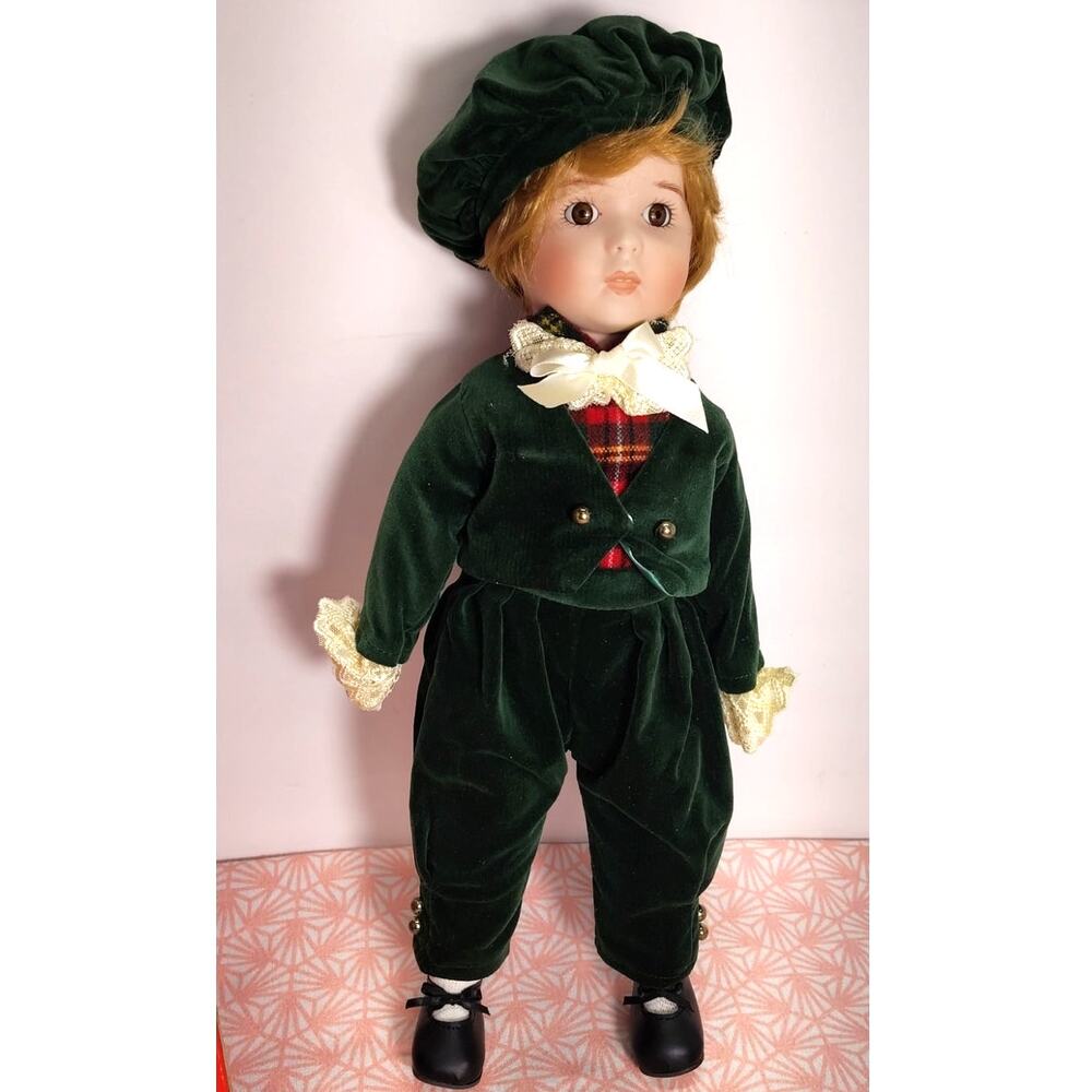 Vintage Porcelain Doll Green Christmas Caroler Boy Complete With Hat And Box